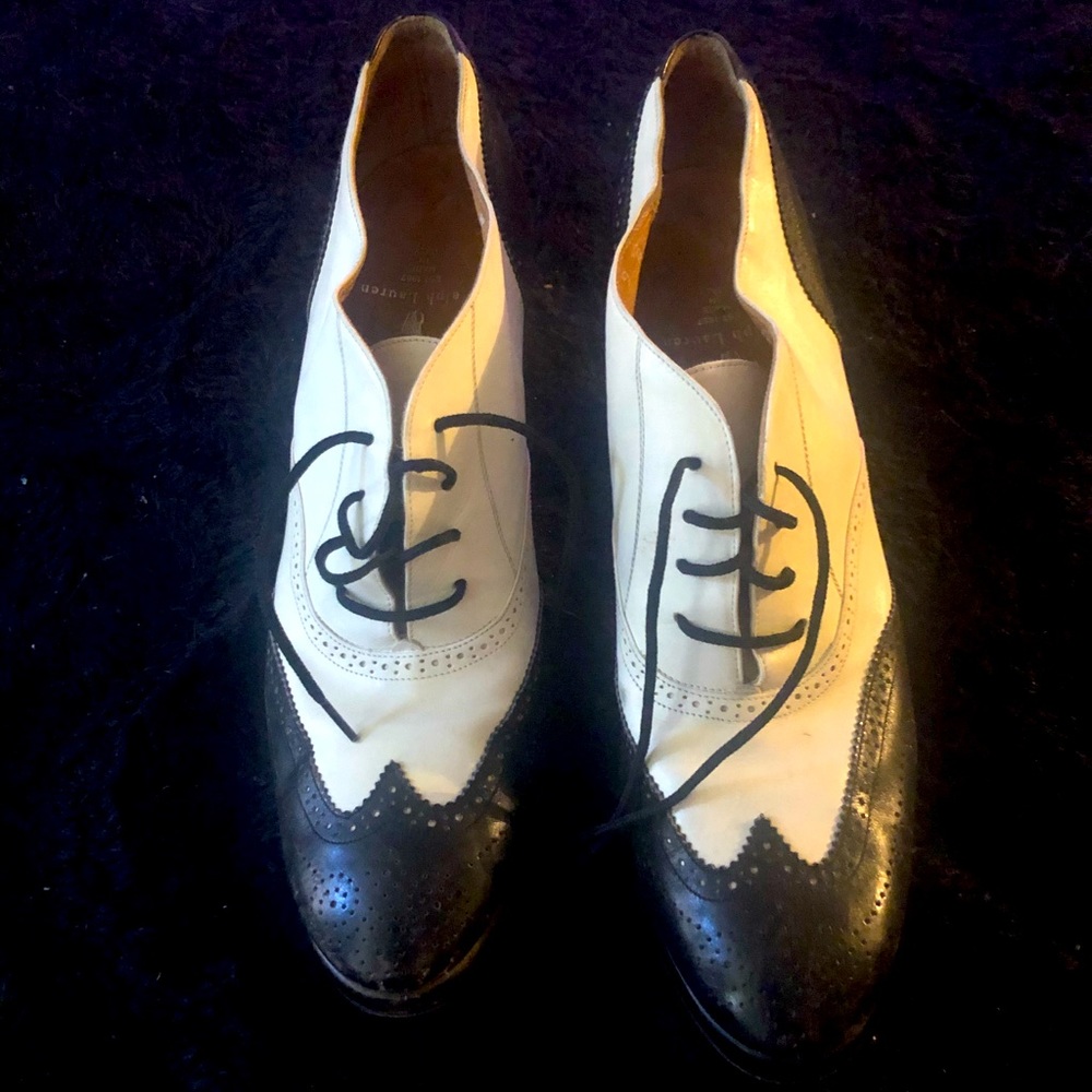 Ralph Lauren ecru and black wingtip heels